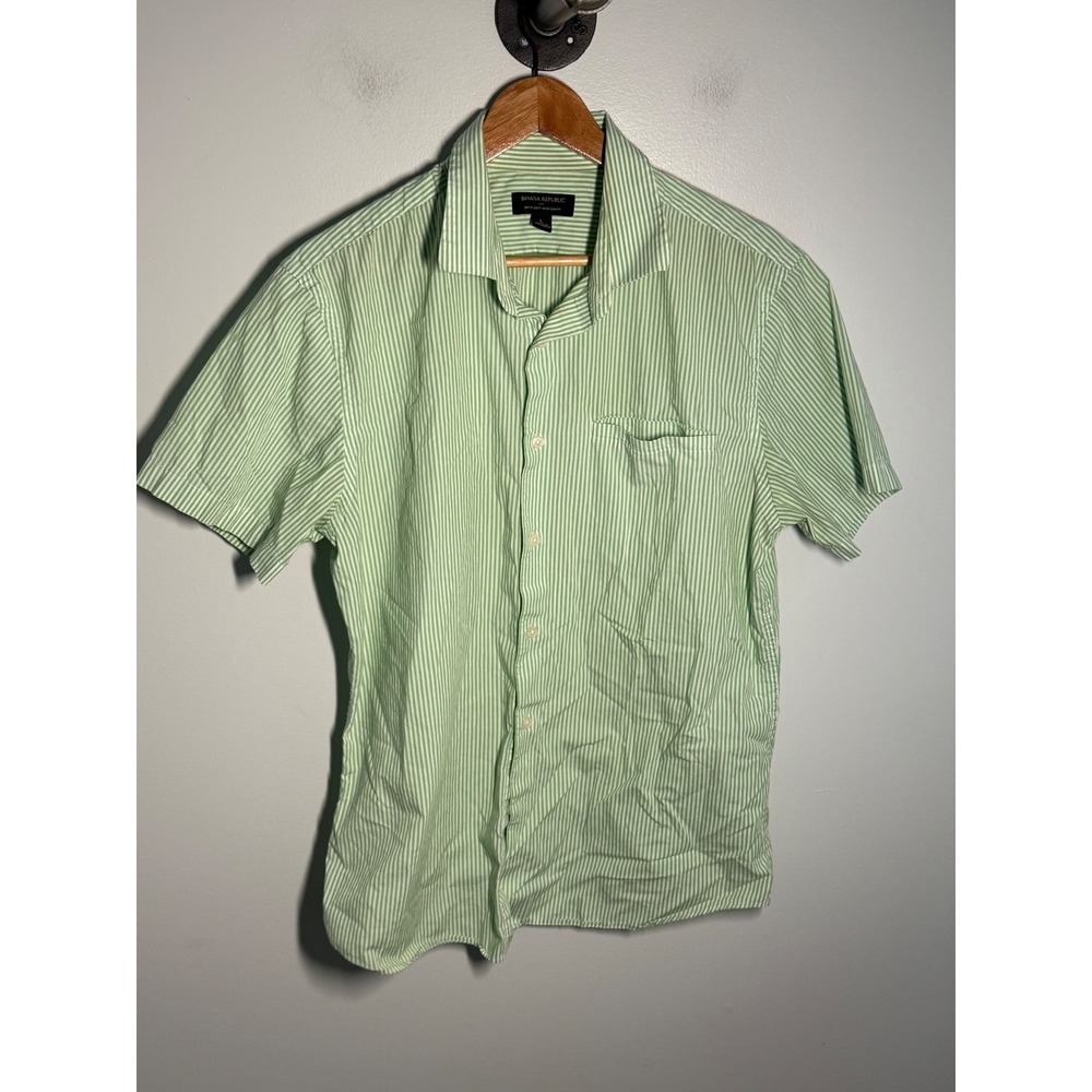 Banana Republic Mens Large Green White Striped Stretch Soft Wash Slim Fit Shirt